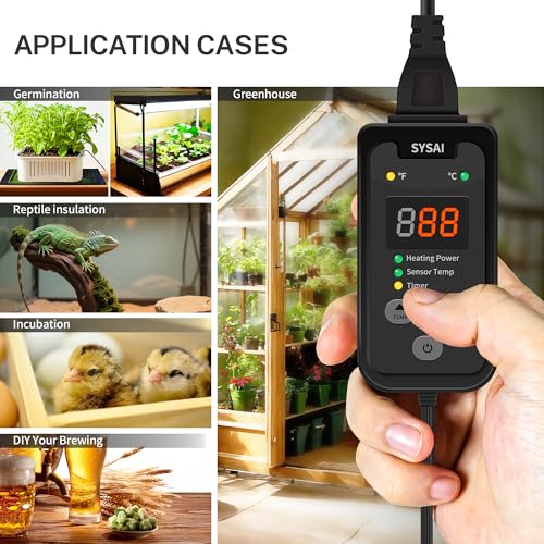 SYSAI Digital Thermostat Controller for Reptiles, Seed Germination, Breeding, Incubation and Small Greenhouse, 50-95°F, 1.5A 150W