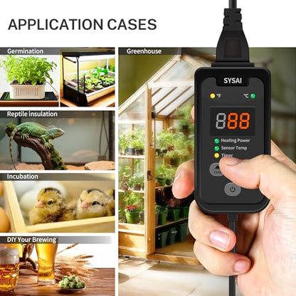 SYSAI Digital Thermostat Controller for Reptiles, Seed Germination, Breeding, Incubation and Small Greenhouse, 50-95°F, 1.5A 150W