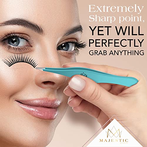 Majestic Bombay Fine Point Tweezers for Women and Men – Splinter Ticks, Facial, Brow and Ingrown Hair Removal–Sharp, Needle Nose, Surgical Tweezers Precision Pluckers best tweezers for chin hair - color: Teal Blue