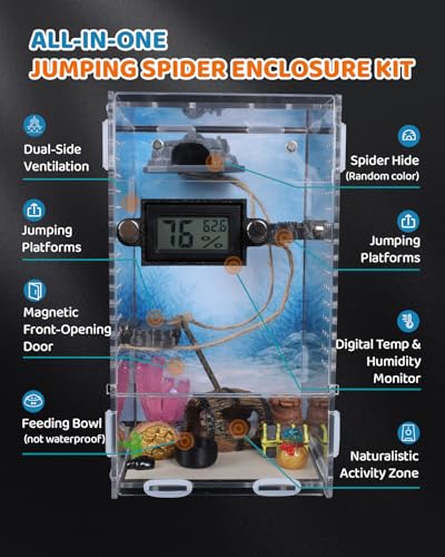 DIY Jumping Spider Enclosure,4.7"x4.7"x7.9" Escape-Proof Spider Terrarium,Small Invertebrate Acrylic Accessories Set,with Temperature and Humidity Detector,Platform,Hide,Tweezer,Feeding Bowl