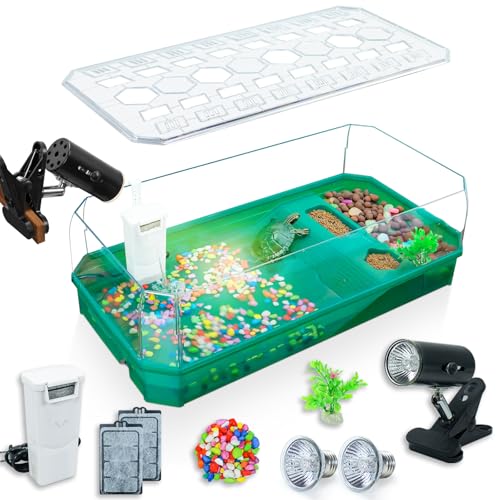 Aquatic Turtle Tank Habitat Kit Stone+Filter+Heat Lamp Enhancing Interaction with 360° Viewing, Standalone Filtration, DIY Creative Zone, Enriched Living (Green, X-Large[with Light]) - color: Green