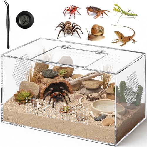 Acrylic Reptile Terrarium, Pre-Assembled Tarantula Enclosure with All-Side Ventilation & Magnetic Door, Tank for Spider, Gecko, Mantis, Frog, Snail, Isopods, 12"x7"x7" (Tweezer & Hygrometer Included) - size: Large Horizontal (12"×7"×7")