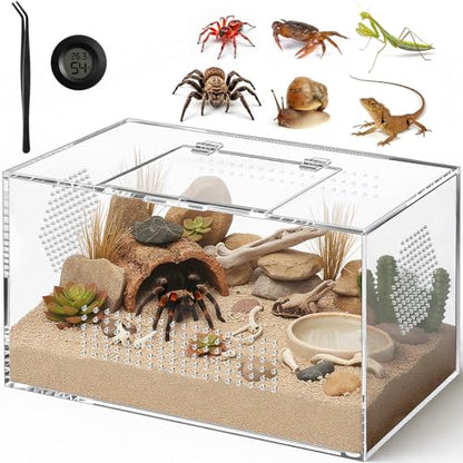 Acrylic Reptile Terrarium, Pre-Assembled Tarantula Enclosure with All-Side Ventilation & Magnetic Door, Tank for Spider, Gecko, Mantis, Frog, Snail, Isopods, 12"x7"x7" (Tweezer & Hygrometer Included) - size: Large Horizontal (12"×7"×7")