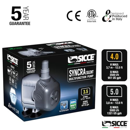 SICCE Syncra Silent 5.0 Multifunction 1321 GPH Submersible Water Pump | Italian Made 105W Ultra Quiet Durable Aquarium Fish Tank, Fountain, Pond, Hydroponics, Terrarium Black | Freshwater & Saltwater - size: Syncra Silent 5.0