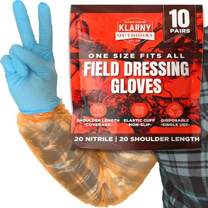 Klarny Outdoors Animal Handling Gloves - Single Use Disposable Field Dressing Glove | Veterinary Elastic Nitrile Shoulder Length Deer & Elk Hunting Gloves