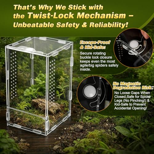 2 Pack Jumping Spider Enclosure Kit Acrylic Reptile Terrariums with Locking Latch, All Side Ventilation, Praying Mantis Habitat, Frog Bug Enclosure, 4.3x4.7x7.87 Inch with Feeding Monitoring Tool