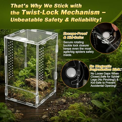 2 Pack Jumping Spider Enclosure Kit Acrylic Reptile Terrariums with Locking Latch, All Side Ventilation, Praying Mantis Habitat, Frog Bug Enclosure, 4.3x4.7x7.87 Inch with Feeding Monitoring Tool
