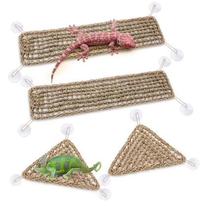 Dansydaisy 4 Pcs Bearded Dragon Reptile Hammock Large Set, Woven Lounger with Strong Suction Cups, Includes 2 Rectangle (29.5" x 7.1") and 2 Triangle (12.6" x 16.5") Climbing Beds for Geckos Iguanas - size: 29.5" X 7.1"，12.6" X 16.5"
