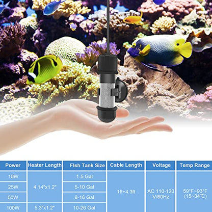 hygger Small Aquarium Betta Heater, Submersible Fish Tank Heater 10W/25W/50W/100W with LED Digital Display, Suitable for Marine Saltwater and Freshwater up to 5/10/16/26 Gallon - size: 10W