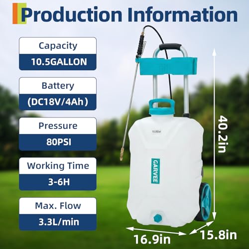 Garvee 10.5 Gallons Battery Powered Sprayer with Wheeled Cart, 18V 4Ah Electric Sprayer with 6 Nozzles & 2 Wands, 4-6 Hour Runtime, 80PSI Adjustable Pressure, Trigger Lock, Yard Sprayers for Lawn - size: 10.5 Gal