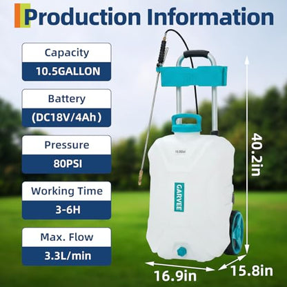 Garvee 10.5 Gallons Battery Powered Sprayer with Wheeled Cart, 18V 4Ah Electric Sprayer with 6 Nozzles & 2 Wands, 4-6 Hour Runtime, 80PSI Adjustable Pressure, Trigger Lock, Yard Sprayers for Lawn - size: 10.5 Gal
