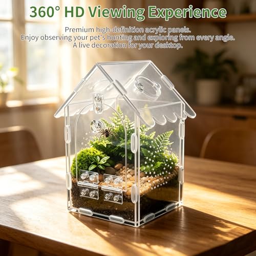 Jumping Spider Enclosure, Acrylic Tarantula Terrarium 4.38"×4.75"×8", Care Kit with 2 Tweezers, 2 Paint Brushes & Spray Bottle, Magnetic Door, Escape-Proof Habitat for Spiders, Tarantulas & Mantis