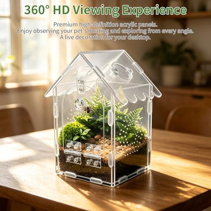 Jumping Spider Enclosure, Acrylic Tarantula Terrarium 4.38"×4.75"×8", Care Kit with 2 Tweezers, 2 Paint Brushes & Spray Bottle, Magnetic Door, Escape-Proof Habitat for Spiders, Tarantulas & Mantis