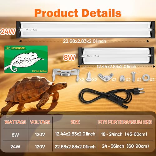 T5 UVB Reptile Light Fixture Combo Kit 8W: 10.0 HO UVB Light for Reptiles Terrarium Hood Comes with UVB Lamp, 12'' Linear UVB Light Bar for Desert Bearded Dragon,Turtle,Gecko - UV Sensor Test Card - size: 12.4INCH-10.0