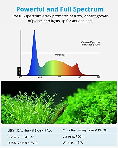 NICREW SkyLED Plus Aquarium Plant Light, Freshwater Fish Tank Light with Ramp Up and Dim Down, Spectrum Adjustable and Lighting Schedule Programmable with Controller, 12-18 Inches, 11 Watts - size: 12 - 18 in