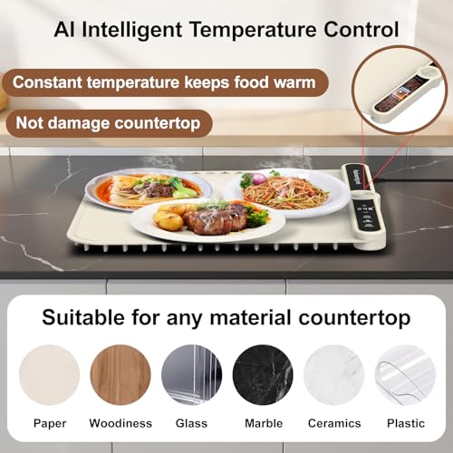 Small Warming Mat for Food 15"x15" - 9-Level Temp Control Silicone Heating Pad for Parties & Buffet,Countertop Electric Food Warmer Tray for Individual 18H Auto-Off Child Lock - size: Beige-S 15*15in