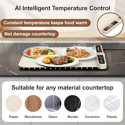 Small Warming Mat for Food 15"x15" - 9-Level Temp Control Silicone Heating Pad for Parties & Buffet,Countertop Electric Food Warmer Tray for Individual 18H Auto-Off Child Lock - size: Beige-S 15*15in