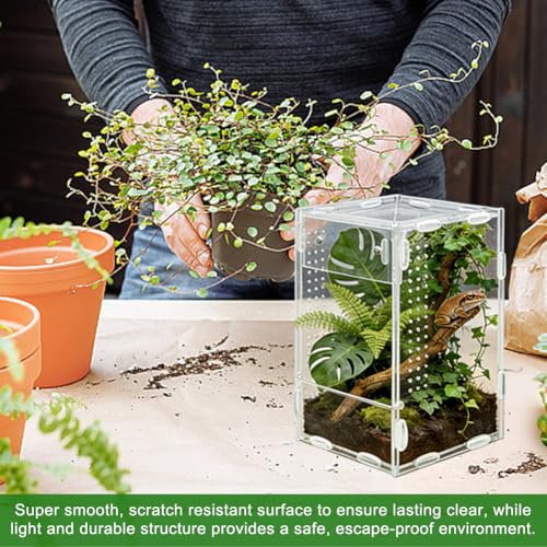 Acrylic Jumping Spider Enclosure, Reptile Enclosure, Ventilated Terrarium Cage with Front Opening Door, Habitat for Tarantulas, Mantis, Hermit Crabs & Small Pets, 4.7"X4.7"X8" (Color:Clear)