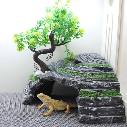 Reptile Box Shelter Terrarium Hideout Caves Turtle Ramp Basking Platform Habitat Decor Humidify Hide Cave Resin Rock - size: M