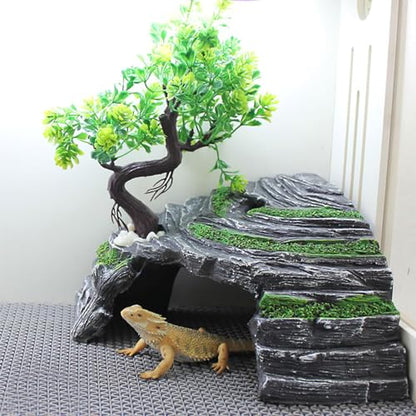 Reptile Box Shelter Terrarium Hideout Caves Turtle Ramp Basking Platform Habitat Decor Humidify Hide Cave Resin Rock - size: M