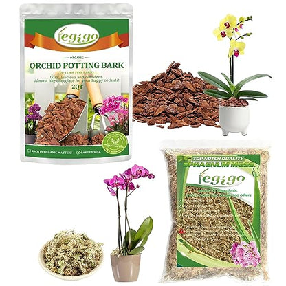 Legigo 2 Quarts Organic Orchid Potting Bark & 2 Quarts Natural Sphagnum Moss Potting Mix-Premium Growing Medium for Orchids, Succulents, Carnivorous Plants & Reptiles