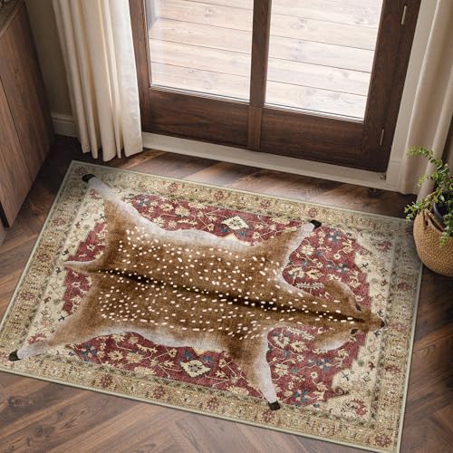 Bavni 2x3 Deer Rug, Machine Washable Soft Animal Print Door Mat Non Slip Boho Low Pile Non-Shedding Hallway Print Carpet for Kitchen Entryway Bedroom, Red Yellow - color: Area Red Yello/Deer, size: 2'x3'