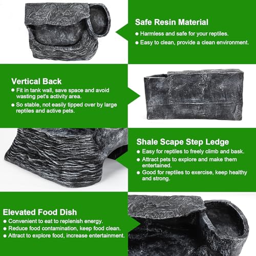 Reptile Hideout Snake Hide Cave Turtle Basking Platform with Food Bowl Shale Scape Step Ledge Climbing Platform Bearded Dragon Tank Accessories Rock Landscaping Decor for Chameleon Lizard Gecko, Large