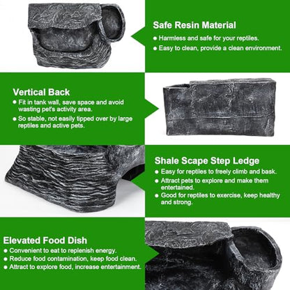 Reptile Hideout Snake Hide Cave Turtle Basking Platform with Food Bowl Shale Scape Step Ledge Climbing Platform Bearded Dragon Tank Accessories Rock Landscaping Decor for Chameleon Lizard Gecko, Large