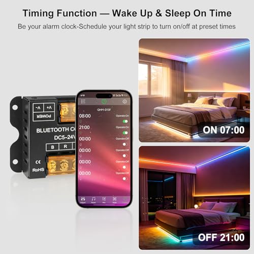 RGBZONE RGB Bluetooth LED Controller, DC5-24V 30A Smart APP Dimmable Strips Light Controller 16 Million Colors Music & Alarm Modes for 5050 3528 LED Strip Lights, Metal Shell - color: RGB