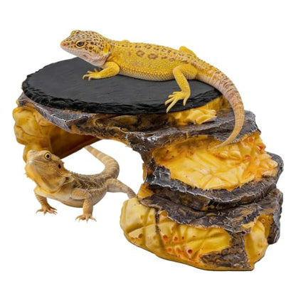 Reptile Basking Platform, Turtle Basking Platform Juvenile Bearded Dragon Tank Accessories Reptile Hideout with Rock Slate Plate for Lizard, Leopard, Crested Gecko(Large-Yellow) - style: style 3