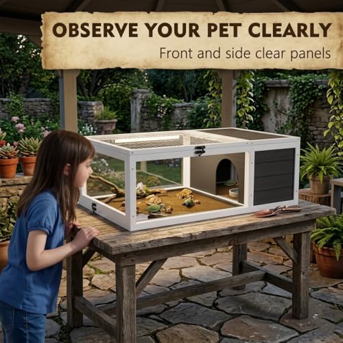 39.5" Wood Tortoise House Indoor Outdoor Turtle Habitat - XL Small Animal Hutch with 3 Acrylic Windows, Waterproof Pull-Out Tray & Sleeping Area for Lizards, Geckos, Snakes, Grey