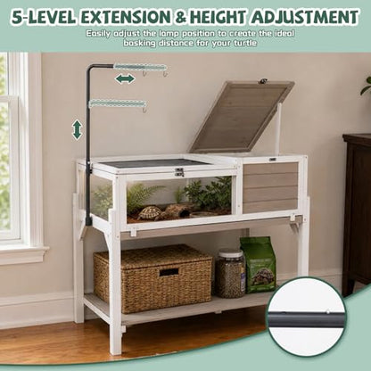 Large Tortoise Habitat with Adjustable Lamp Stand & Storage Shelf, Wooden Tortoise Enclosure with Viewing Window, Pull-Out Tray, 2-Room Reptile Turtle Enclosure House Indoor & Outdoor, Grey - size: 40.4"L x 23.0"W x 32.0"H
