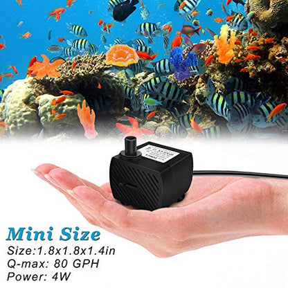 DOMICA (80GPH 4W) Mini Submersible Water Pump with 2.2FT Tube for Pond, Aquariums, Fish Tank, Hydroponics, Tabletop Fountain, Pet Fountain, Indoor or Outdoor Fountain Pump (AC Powered)