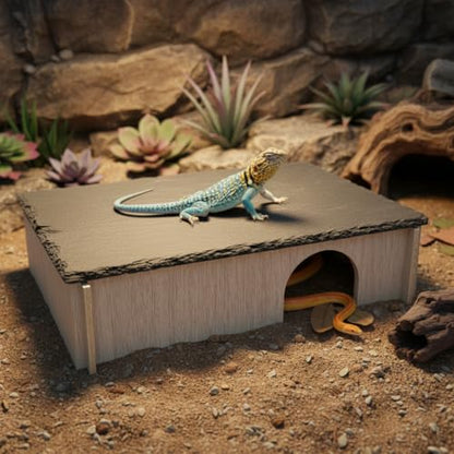 PINVNBY Large Bearded Dragon Basking Platform, Wooden Snake Hide, Ball Pythons Hide with Slate Rock, Leopard Gecko Tank Accessories for Geckos, Crested Gecko Chameleon Turtles (L: 11.8x7.87 inches) - size: L: 11.8x7.87 inches