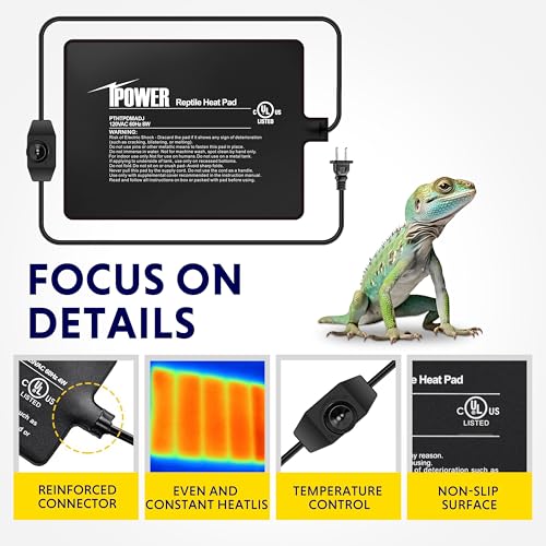 iPower 6x8 Inch Reptile Heating Pad with LCD Digital Aquarium Thermometer, Reptile Heat Mat with Adjustable Temperature Control for Reptiles - color: Black/Heat Pad with Adjust Knob+ Thermometer, size: 6" x 8"