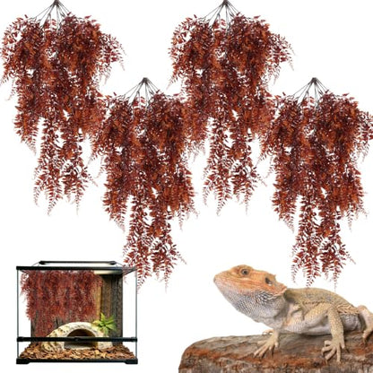 Hamiledyi Reptile Plants Hanging Terrarium Plants 4 Pack Fake Artificial Leaves with Suction Cup for Snake, Lizard, Chameleon (Red) - color: 4 Pcs Red Reptile Plants