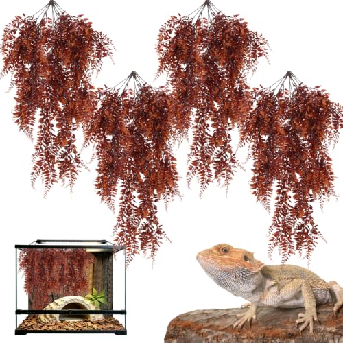 Hamiledyi Reptile Plants Hanging Terrarium Plants 4 Pack Fake Artificial Leaves with Suction Cup for Snake, Lizard, Chameleon (Red) - color: 4 Pcs Red Reptile Plants