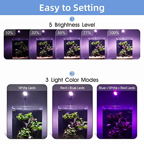 hygger 0.5-5 Gallon Nano Tank Mini Clip-on Aquarium Light with White Blue Red LEDs Fish Tank Lighting Built-in Timer 5 Brightness Levels 6W with USB Port (Include Power Adapter) - size: 6W