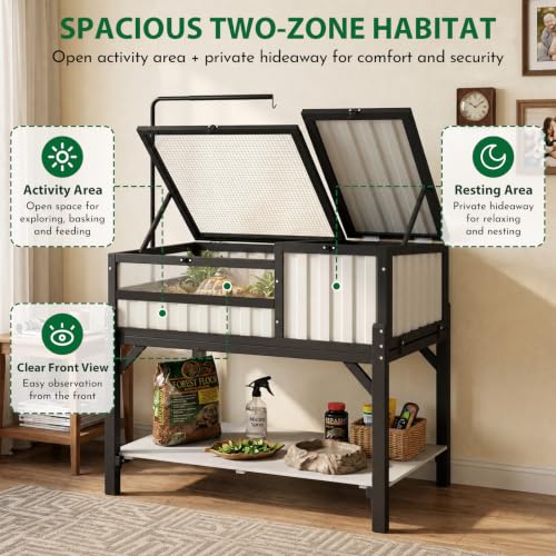 Modern Black & White Tortoise Habitat with Privacy Hide Panel, 2-Zone Wooden Reptile Enclosure with Adjustable Lamp Stand, Storage Shelf, Acrylic Viewing Window for Tortoises, Geckos & Small Reptiles