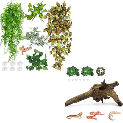 Hamiledyi 5 Pcs Reptile Plants Terrarium Hanging Fake Plant Leaves and Large Driftwood for Reptile Tank 11-16" Natural Bearded Dragon Wood for Ball Python Gecko Lizard Chameleon Iguana