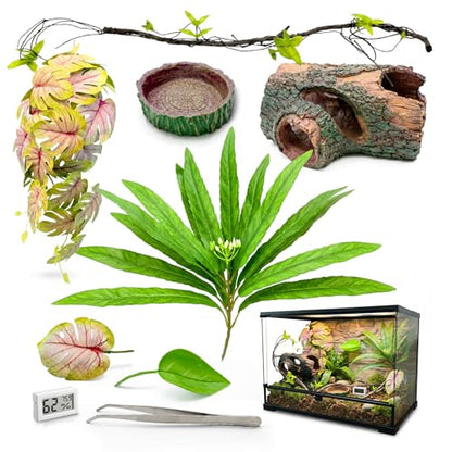Crested Gecko Tank Accessories Kit，Tree Trunk Hideout, Artificial Plants | Feeding Bowl, Jungle Vines , Resting Leaves Platform , hygrometer thermometer , for Leopard Gecko, Frogs, Hermit Crabs