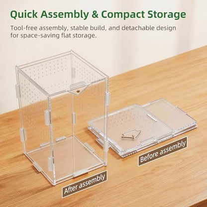 Portable Travel Jumping Spider Enclosure, Acrylic Terrarium for Spider, Magnetic Lock Spider Habitat & Small Terrarium Ventilated for Tarantula,Mantis,Frog,Insect Enclosure cage (5.9×5.9×9.8 Inch) - size: 5.9×5.9×9.8 Inch