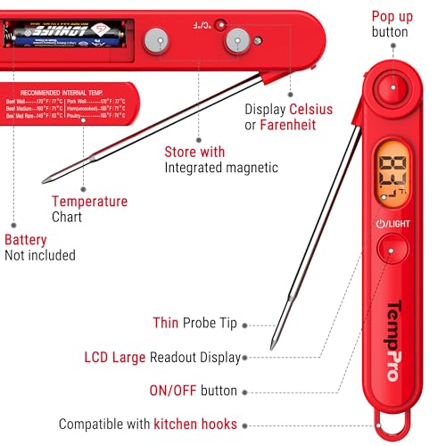 TempPro TP03B Digital Meat Thermometer for Cooking, Instant Read Thermometer with Backlight, Kitchen Food Thermometer for Grill Smoker BBQ Oil Deep Fry Candy Bread Coffee (Previously ThermoPro) - color: Bright red