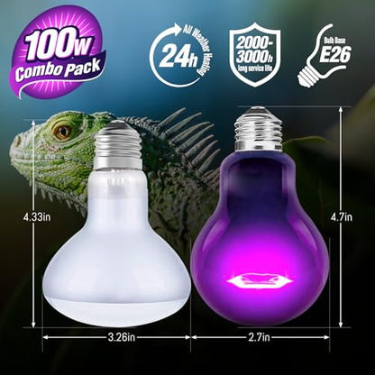 Leoterra 100W Reptile Tank Use Incandescent Night Black Heat Bulbs and 100w UVA Heat Lamp Bulbs Combo Pack E26 Base 110v Heat Lamp Bulbs for Leopard Gecko Bearded Dragon Heat lamp Long Service Life… - style: 100w