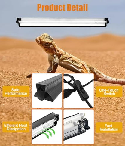 T5 Reptile Light Fixture Combo Kit 24W Light Fixture Reptile Terrarium Hood 10.0 UVB Light Bulb Fluorescent Tube for Tropical and Deserts Such as Bearded Dragon Lizards and Tortoises - size: 24W T5 Suite