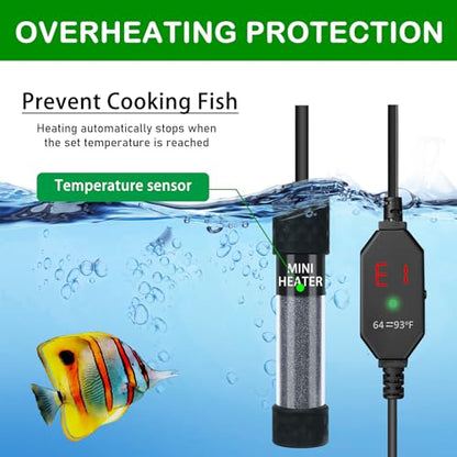 Small Submersible Aquarium Heater, Adjustable Mini Fish Tank Heater 25W 50W 100W 150W with External Temperature Controller, Digital Display, for 5/10/20/30 Gallons (25W)