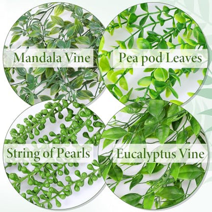 SHENLIU Artificial Hanging Plants for Shelf, 4 Pack Fake Potted Greenery Plant Faux Eucalyptus Vine, Mandala Vine, String of Pearls, Pea pod Leaves in Pot for Office Home Garden Indoor Outdoor Decor