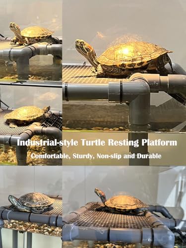 Large Turtle Basking Platform for Aquatic Turtles, Sturdy Standing Turtle Dock with Non-Slip Ramp, Red Ear Slider Tank Accessories for 25/29/40/55 Gal, Gray/Black - size: Basking Platform 10.8" W × 7.7" D