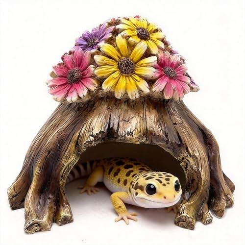 Humid Hide for Leopard Gecko – Resin Reptile Hide with Artificial Flowers, Tree Stump Cave for Crested Gecko Corn Snake Juvenile King Snake, Terrarium Decor Accessory (7.3"x6.7"x5.5")