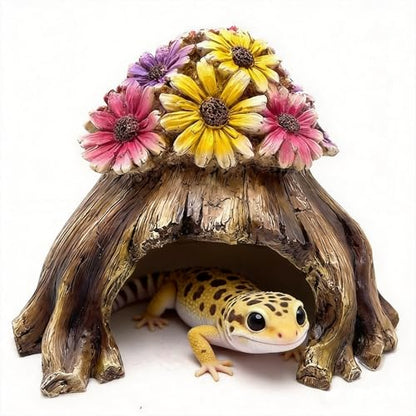 Humid Hide for Leopard Gecko – Resin Reptile Hide with Artificial Flowers, Tree Stump Cave for Crested Gecko Corn Snake Juvenile King Snake, Terrarium Decor Accessory (7.3"x6.7"x5.5")